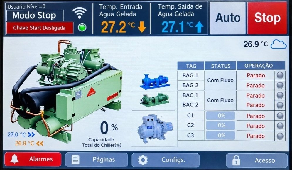 Tela IHM touch screen da controladora NX-380-P para automação de chillers